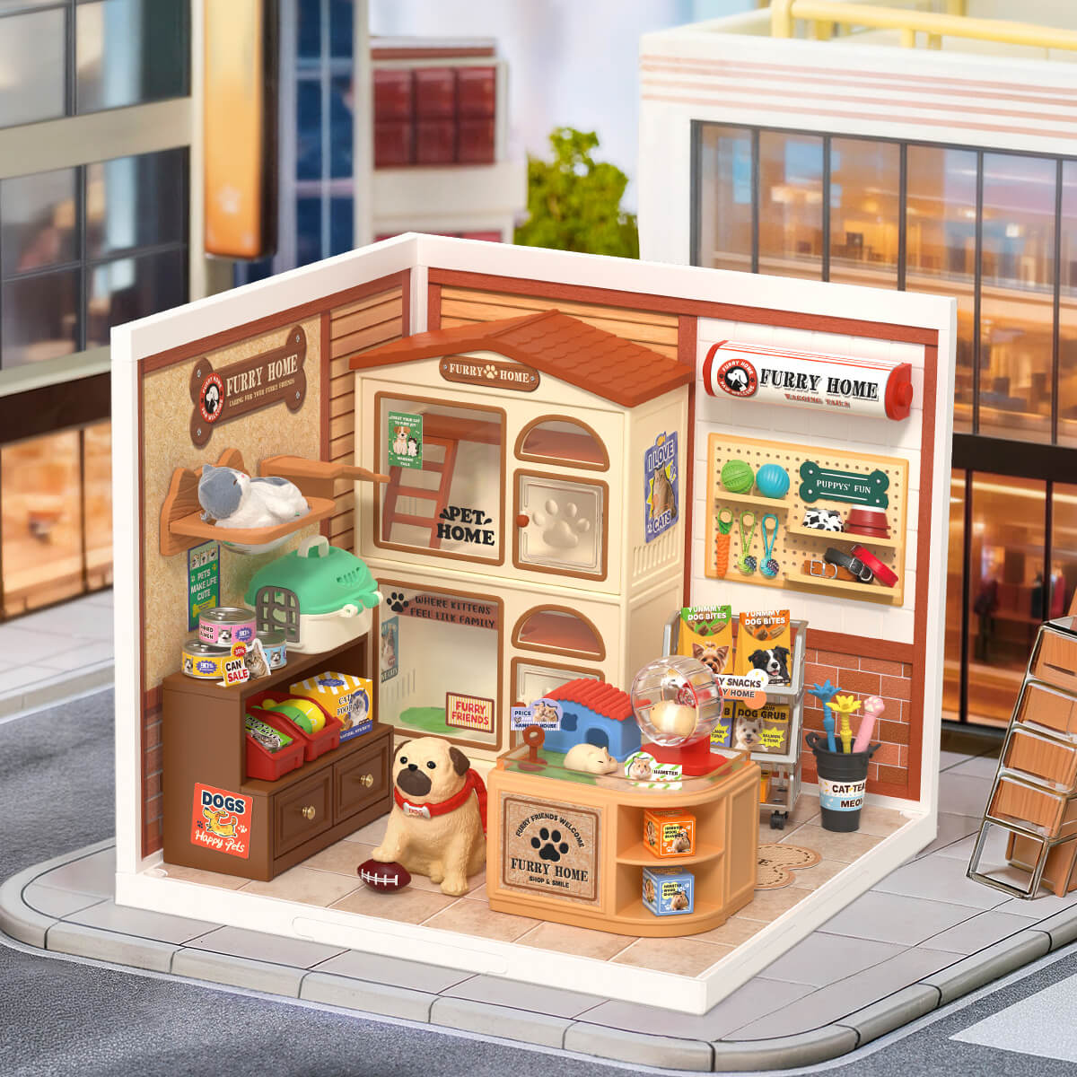Rolife Furry Friends’ Home DW027 - pet shop displayed in a miniature street