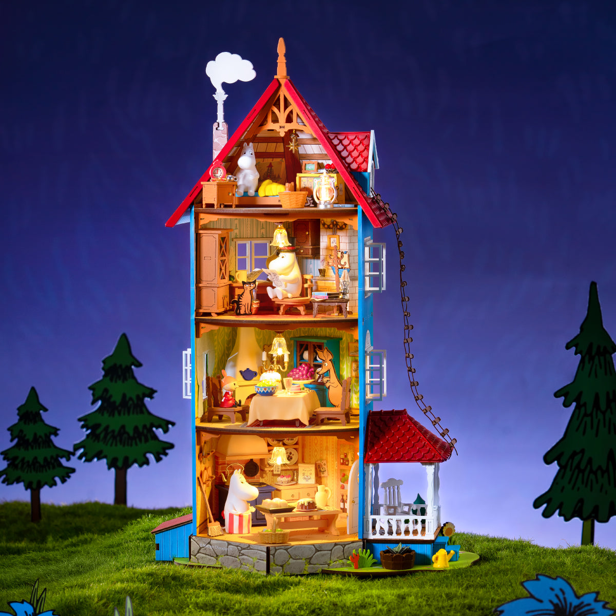 Rolife Rolife Moominhouse DA009 - Moominhouse displayed in a night scene