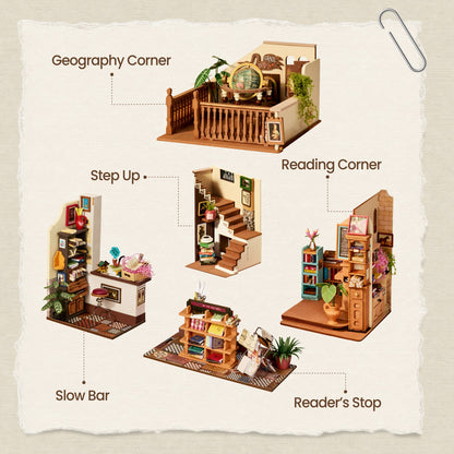 Rolife Pagestory Books DH103 - miniature bookshop interior and illuminated doorway
