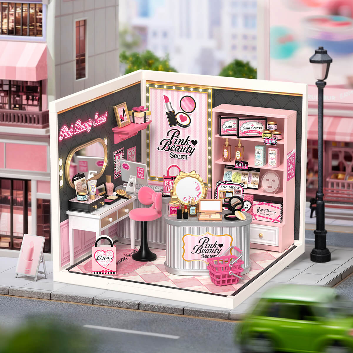 Rolife Pink Beauty Secret DW026 - boutique displayed in a miniature street