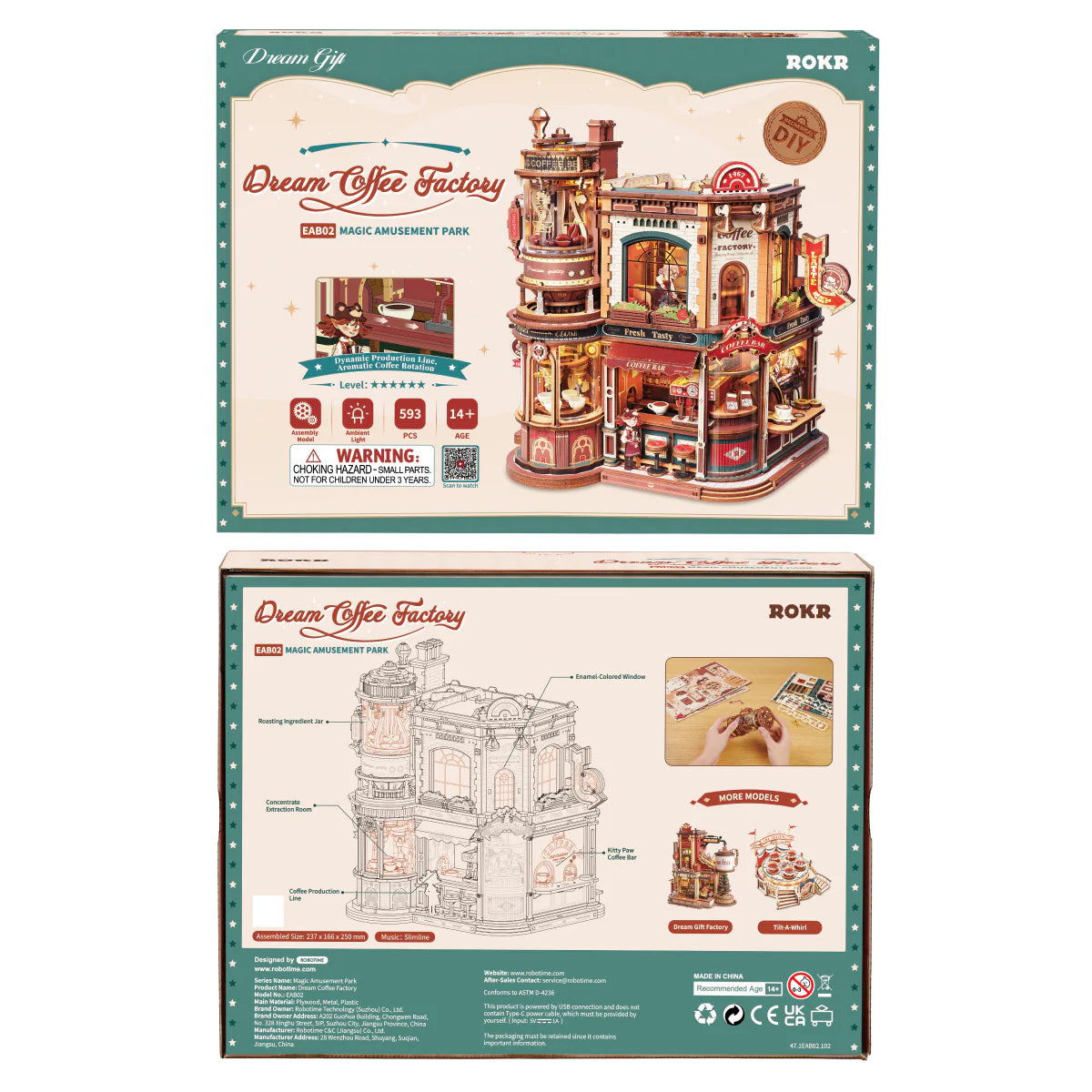 ROKR Dream Coffee Factory EAB02 DIY Miniature House Kit packaging front and back