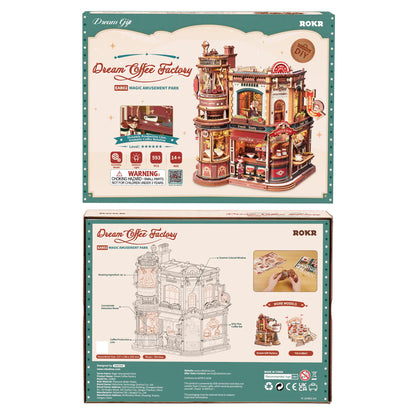 ROKR Dream Coffee Factory EAB02 DIY Miniature House Kit packaging front and back