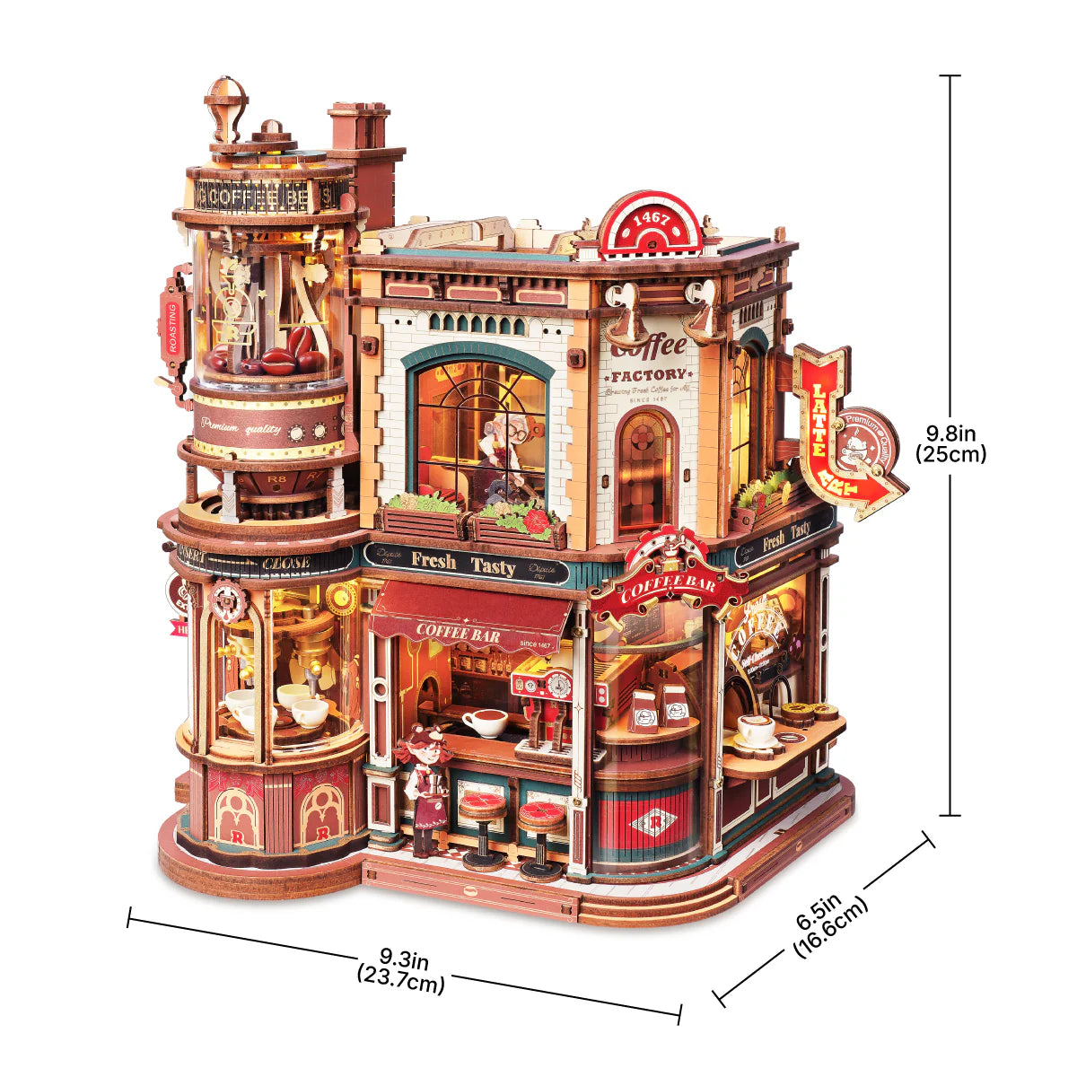 Rolife Coffee Bar EAB02 DIY Miniature House Kit size guide with assembled dimensions