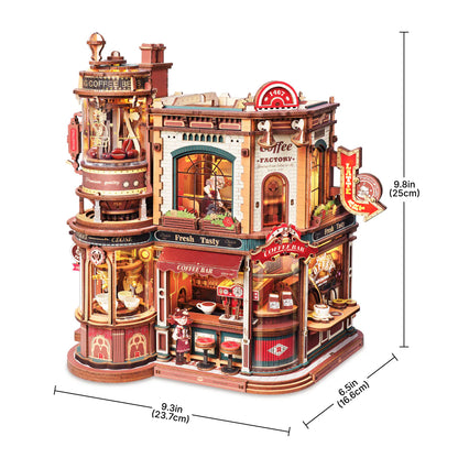 Rolife Coffee Bar EAB02 DIY Miniature House Kit size guide with assembled dimensions
