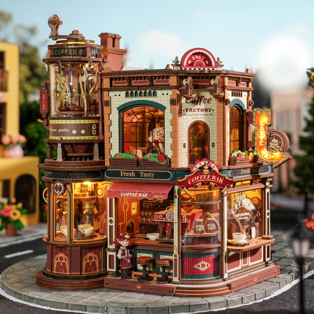 Rolife Coffee Bar EAB02 miniature café kit with detailed shopfront and warm LED lights