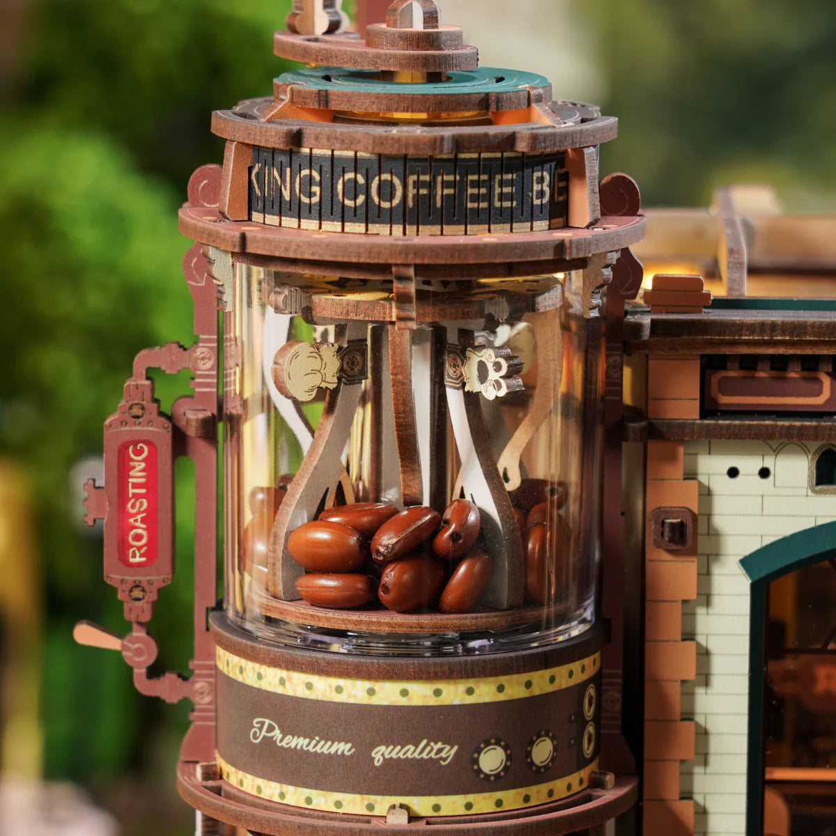 Rolife Coffee Bar EAB02 DIY Miniature House Kit close-up of coffee roasting display