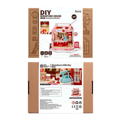 Rolife Food Box Shop Strawberry Milk Box DIY Miniature House Kit (DS034) | Flower LED Light