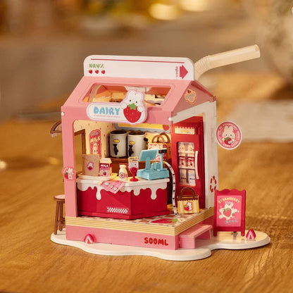Rolife Food Box Shop Strawberry Milk Box DIY Miniature House Kit (DS034) | Flower LED Light