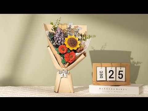 Rowood Wooden Flower Bouquet TW01H assembly video showing how to build the sunflower, lilac, red camellia, and pink rose wooden flower bouquet kit.