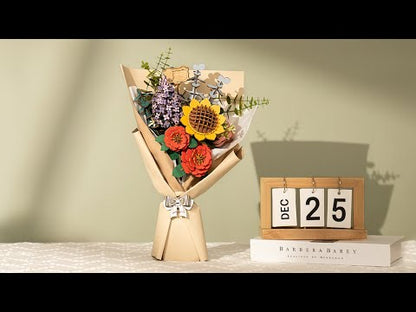 Rowood Wooden Flower Bouquet TW01H assembly video showing how to build the sunflower, lilac, red camellia, and pink rose wooden flower bouquet kit.