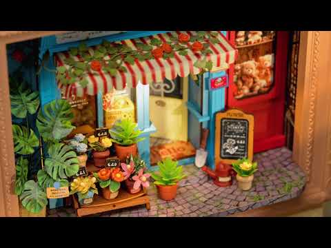 Rolife Story Frames DP001 to DP004 3D wooden puzzle collection video with bakery, ice cream shop, flower shop and bookstore scenes