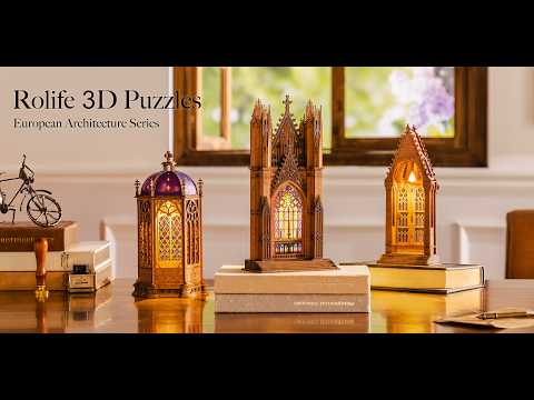 Rolife Rose Window Cathedral Series 3D wooden puzzle video featuring TGA01, TGA02 and TGA03 illuminated cathedral models