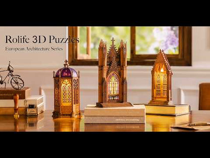 Rolife Rose Window Cathedral Series 3D wooden puzzle video featuring TGA01, TGA02 and TGA03 illuminated cathedral models