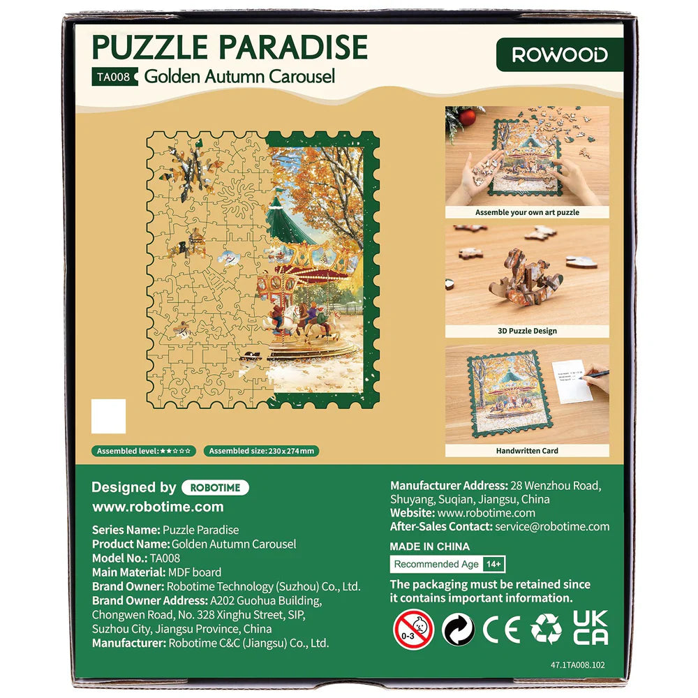 Robotime Golden Autumn Carousel DIY 3D Wooden Puzzle - TA008 | Musical Rotating Kit with LED Lights for Adults