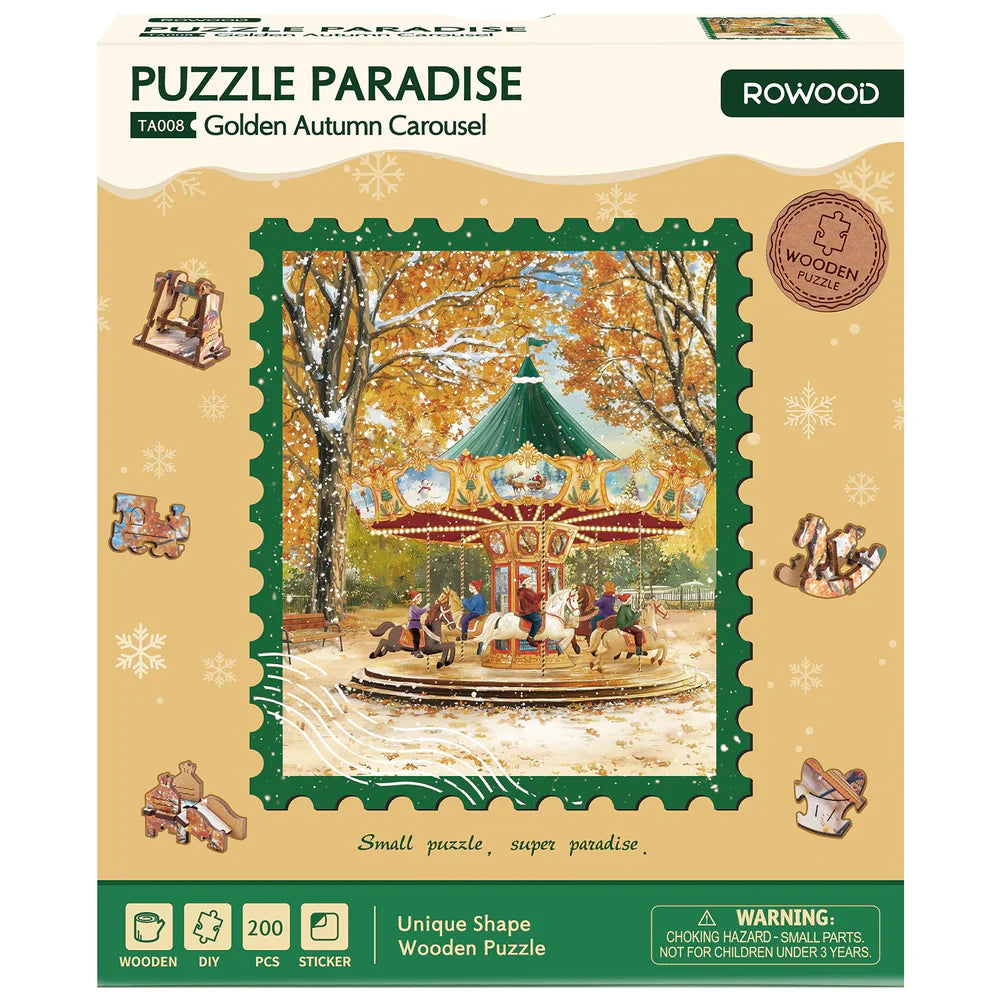 Robotime Golden Autumn Carousel DIY 3D Wooden Puzzle - TA008 | Musical Rotating Kit with LED Lights for Adults