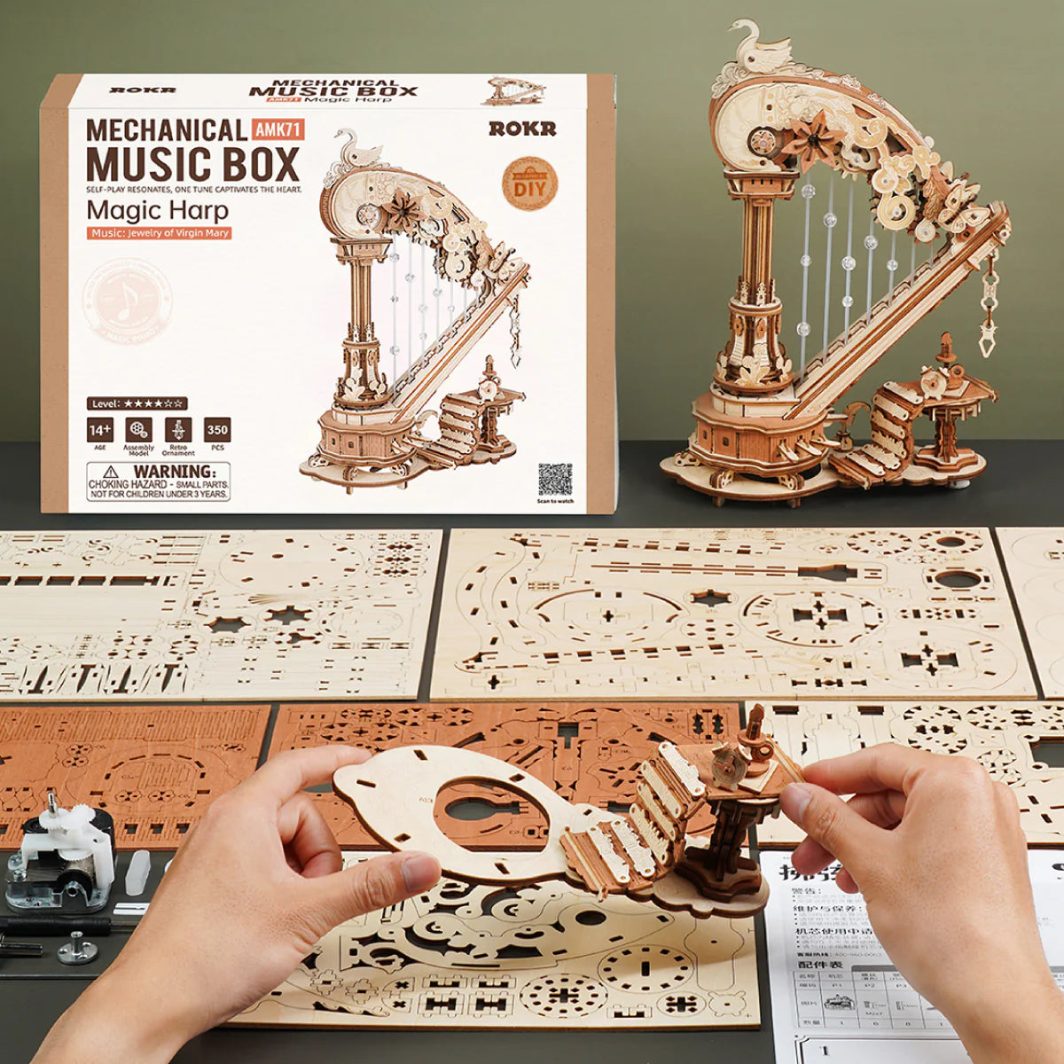 ROKR Magic Harp AMK71 DIY wooden 3D puzzle kit with packaging parts and assembly process