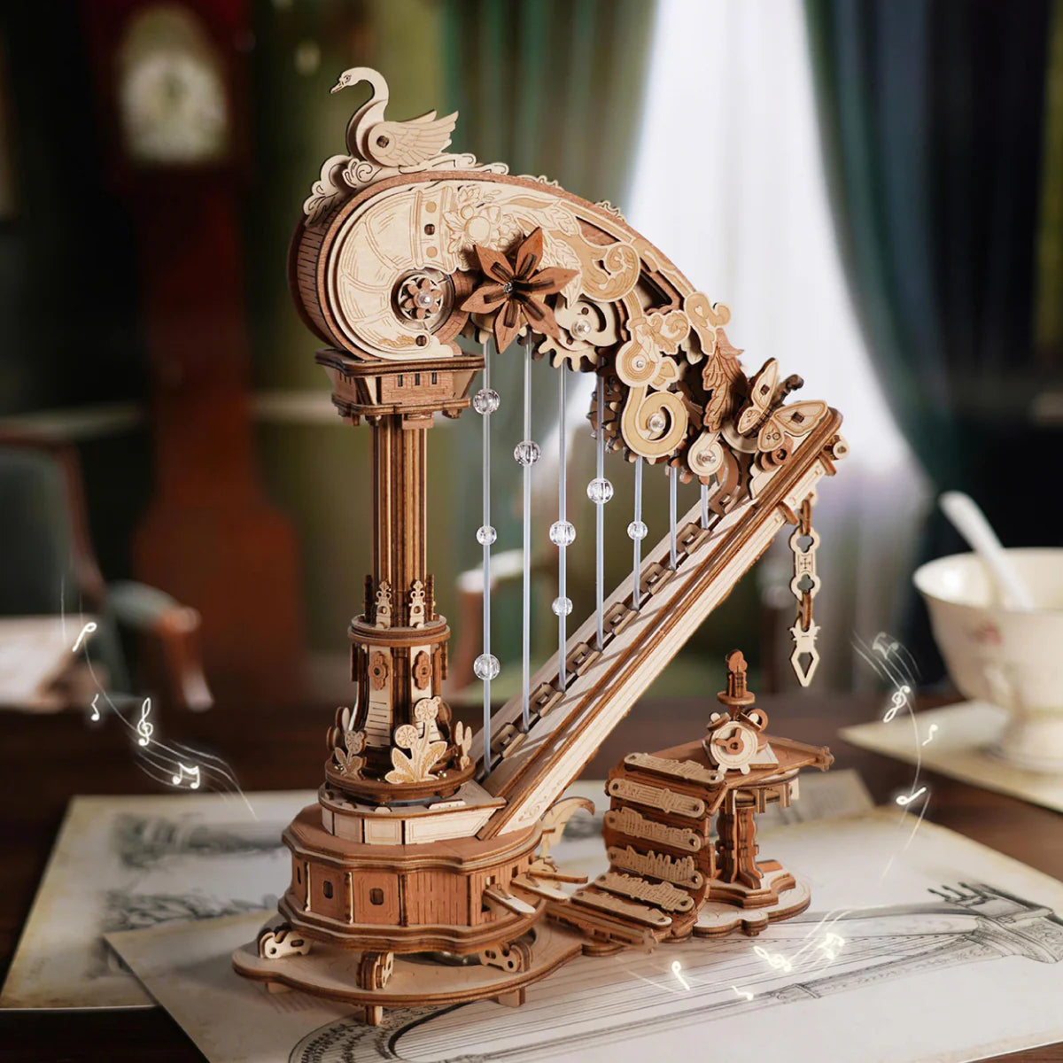 ROKR Magic Harp AMK71 wooden 3D puzzle music box displayed as a decorative model