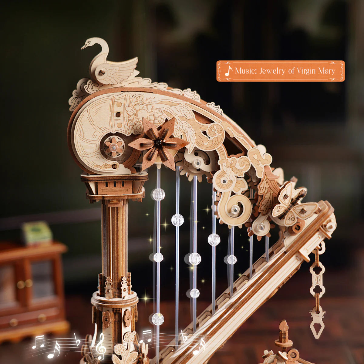ROKR Magic Harp AMK71 mechanical music box with Jewelry of Virgin Mary melody feature