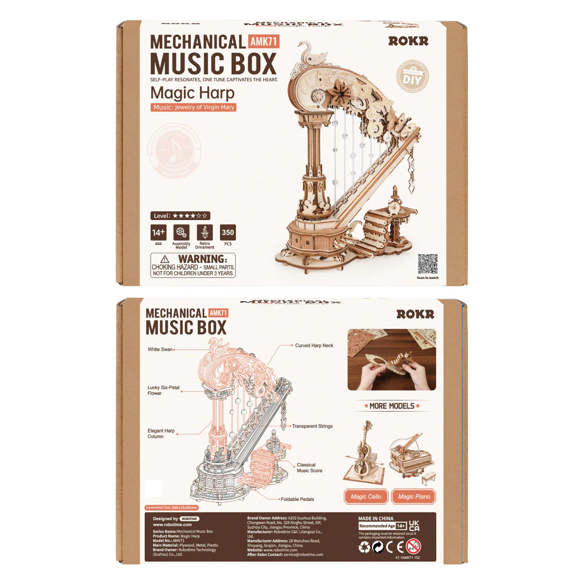 ROKR Magic Harp AMK71 mechanical music box kit packaging front and back view