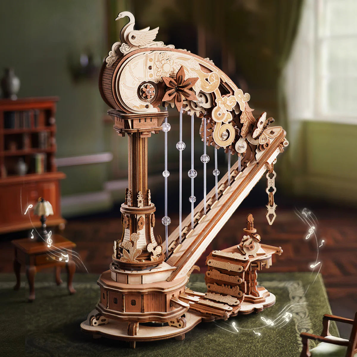 ROKR Magic Harp AMK71 mechanical music box displayed in a room setting