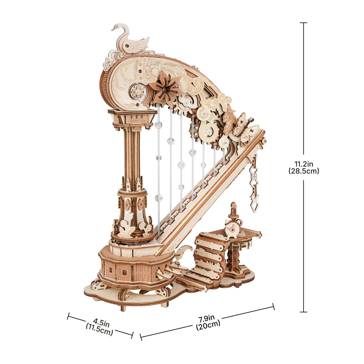 ROKR Magic Harp AMK71 wooden music box assembled size 20 x 11.5 x 28.5 cm