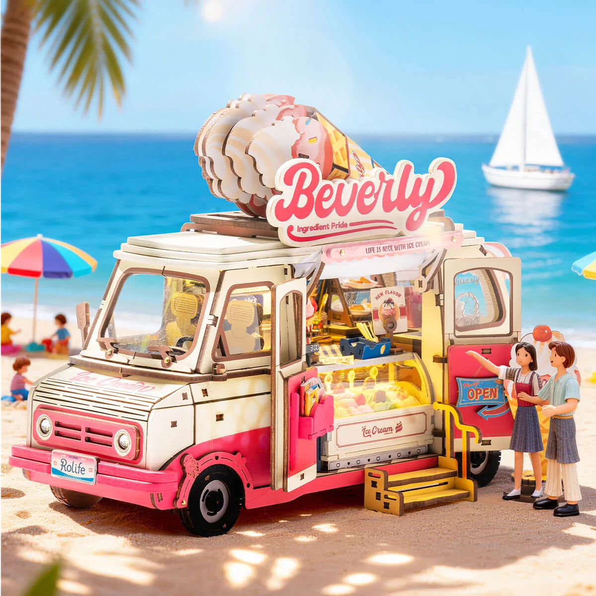 Rolife Beverly's Ice Cream Truck TGS06 beach scene display with miniature figures