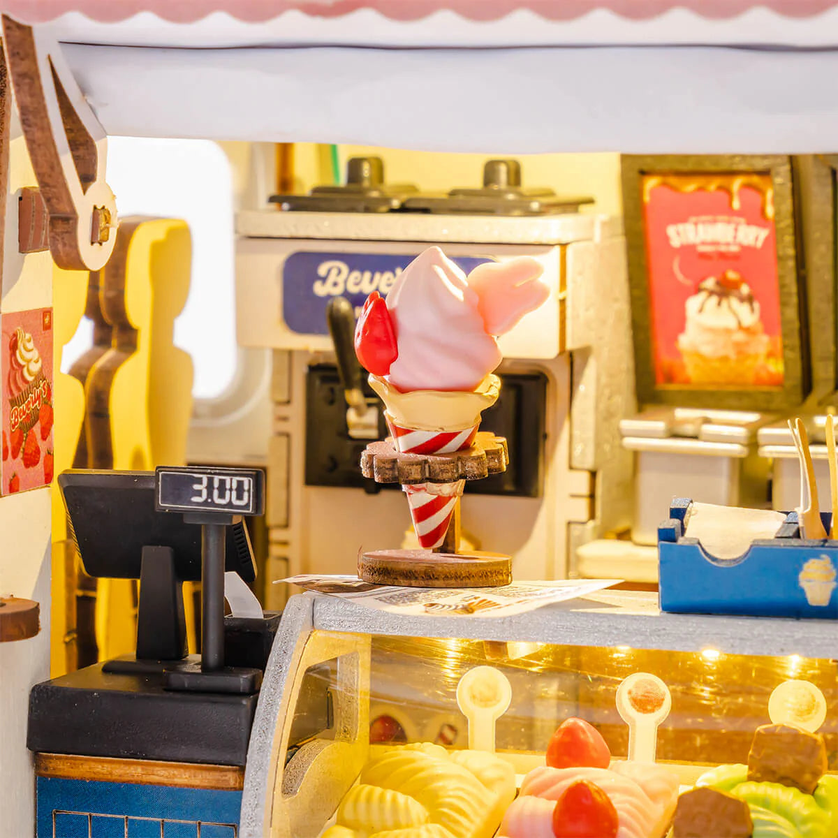 Close-up of Rolife Beverly's Ice Cream Truck TGS06 ice cream counter and soft serve details