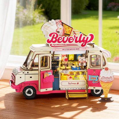 Rolife Beverly's Ice Cream Truck TGS06 lifestyle display with LED-lit ice cream counter