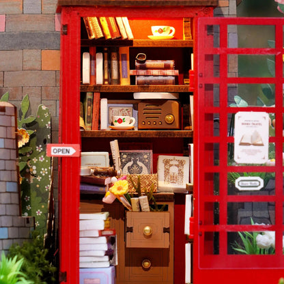 Close-up of the Rolife Blossom Book Booth TGS05 miniature bookshop interior details