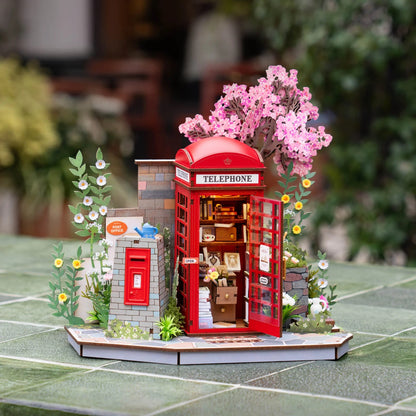 Rolife Blossom Book Booth TGS05 miniature telephone booth model displayed on a tabletop