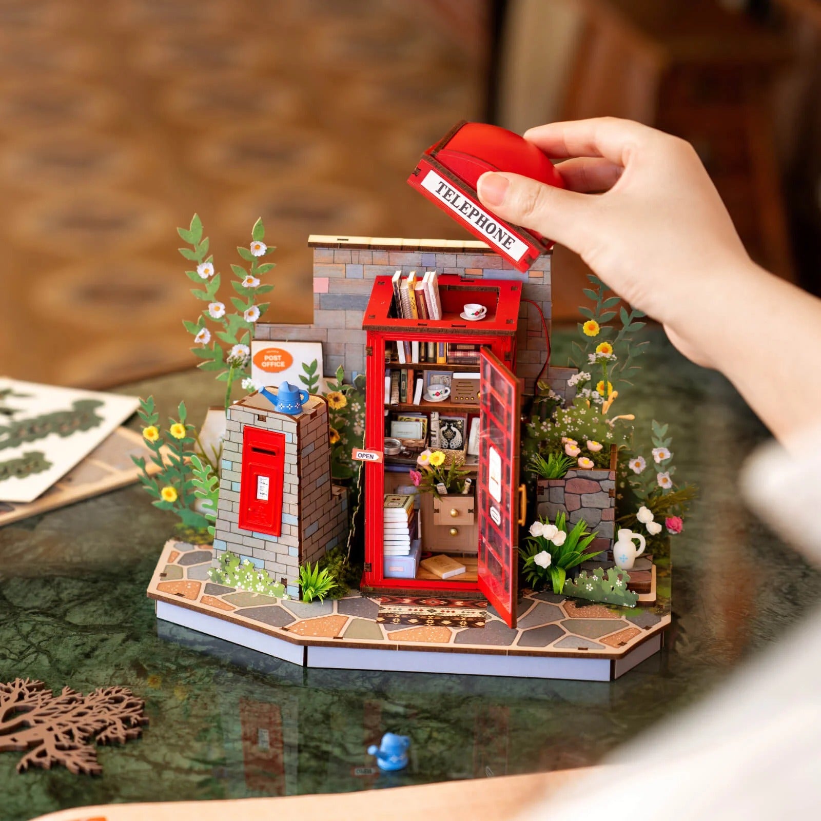 Rolife Blossom Book Booth TGS05 DIY miniature kit with removable telephone booth roof detail