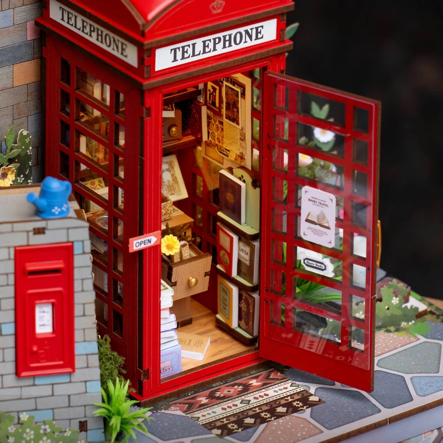 Close-up of the Rolife Blossom Book Booth TGS05 red telephone booth and book display details