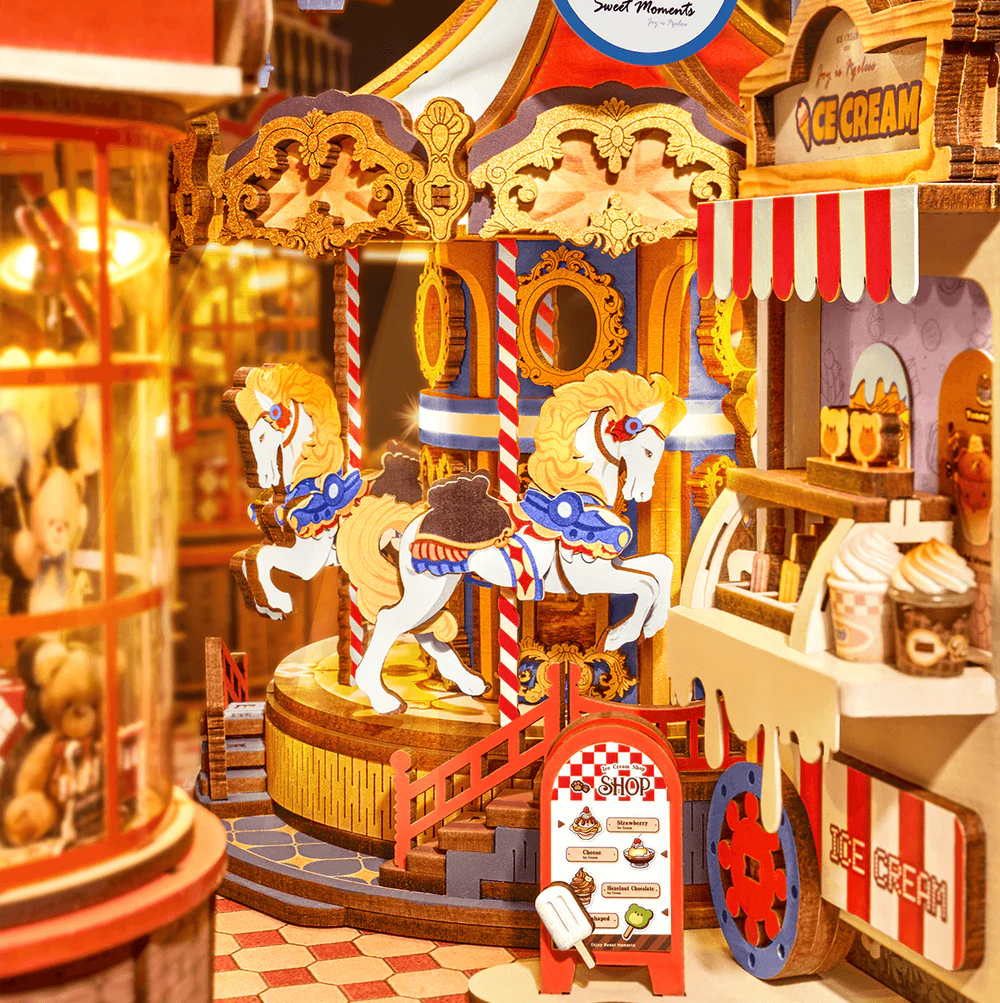 Rolife Tipsy Restaurant TGB17 DIY Miniature House Kit close-up of carousel and ice cream shop