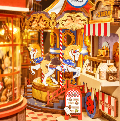 Rolife Tipsy Restaurant TGB17 DIY Miniature House Kit close-up of carousel and ice cream shop