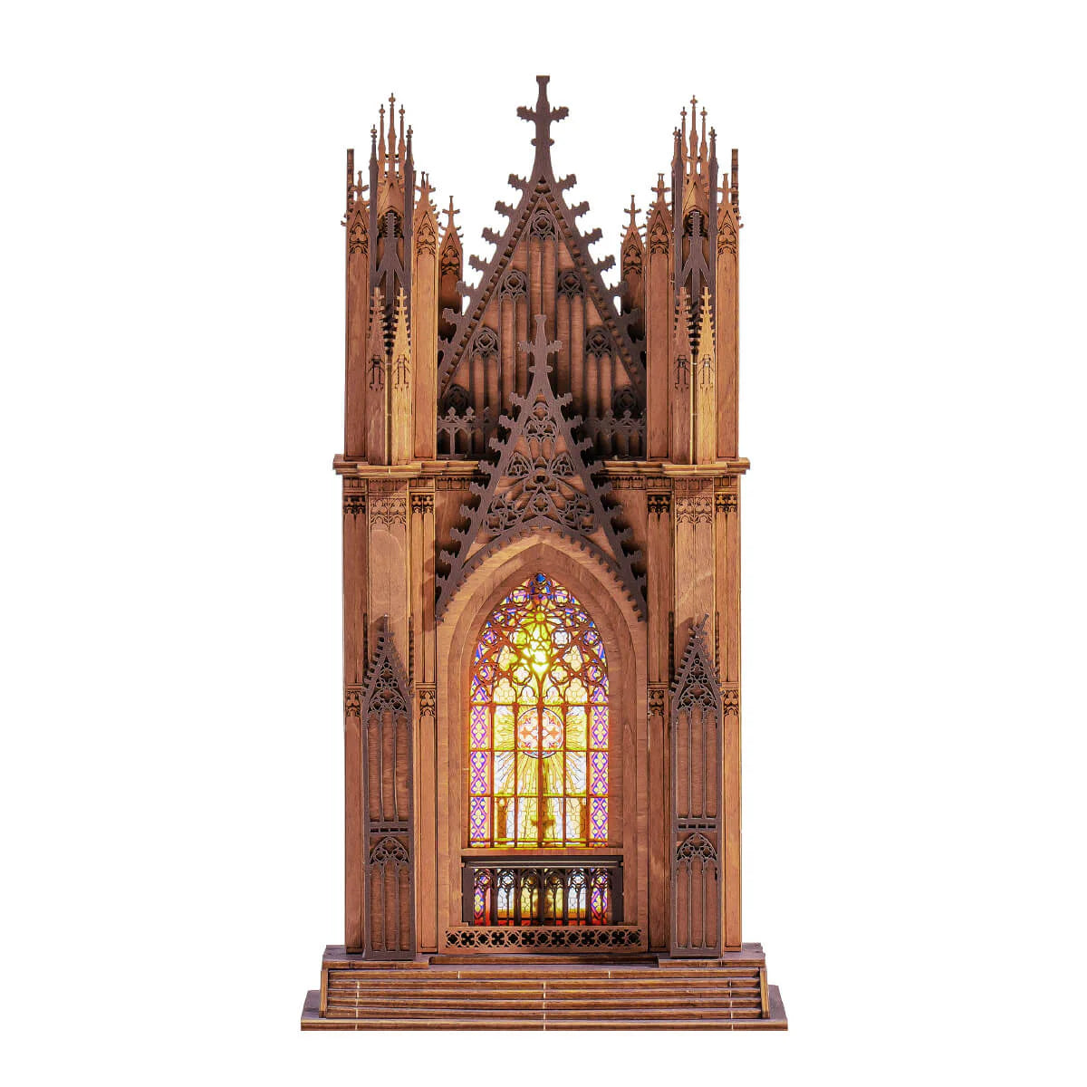 Rolife Twin-Tower Cathedral TGA01 3D wooden puzzle with Gothic towers and glowing stained glass window