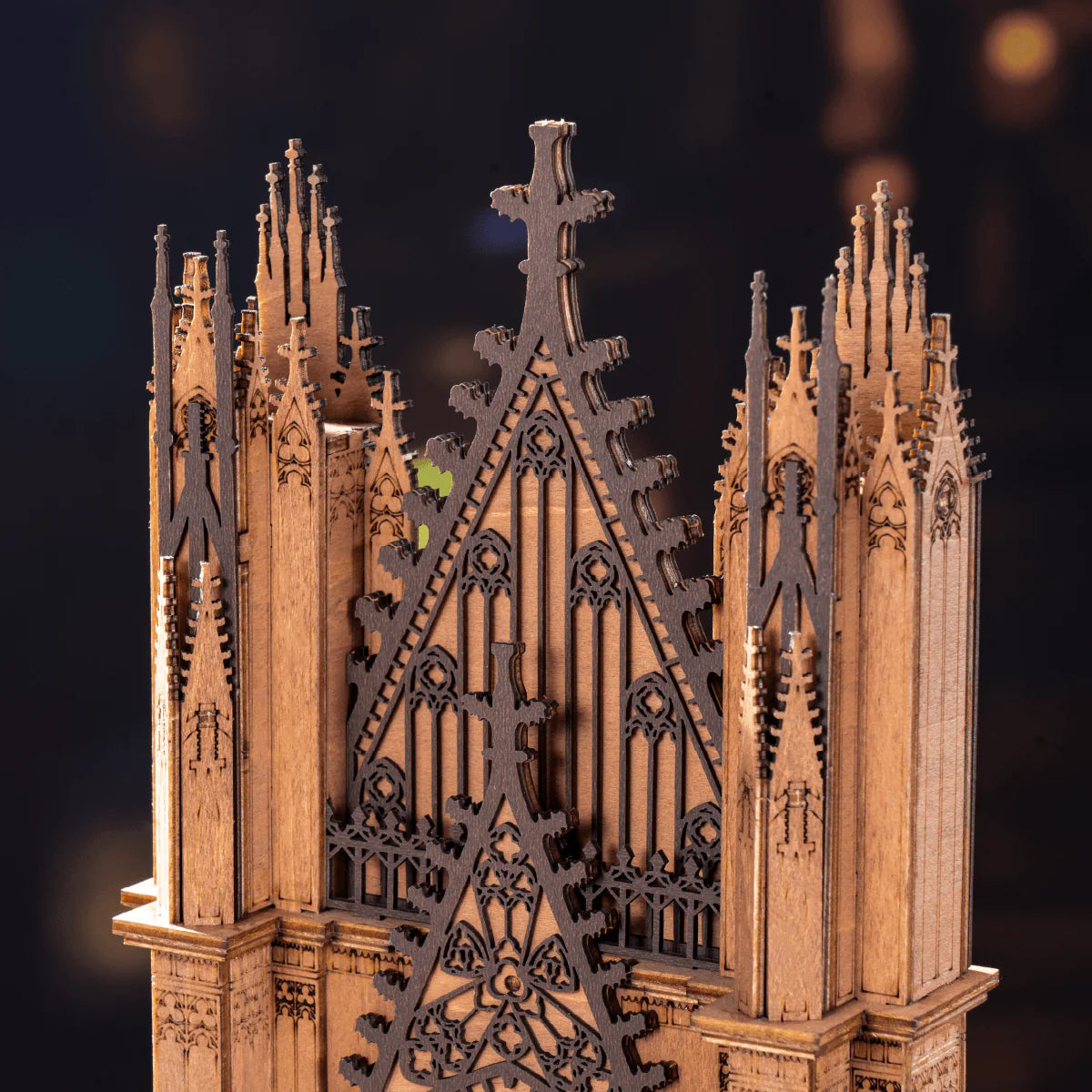 Close-up of Rolife Twin-Tower Cathedral TGA01 Gothic spires and laser-cut tracery details