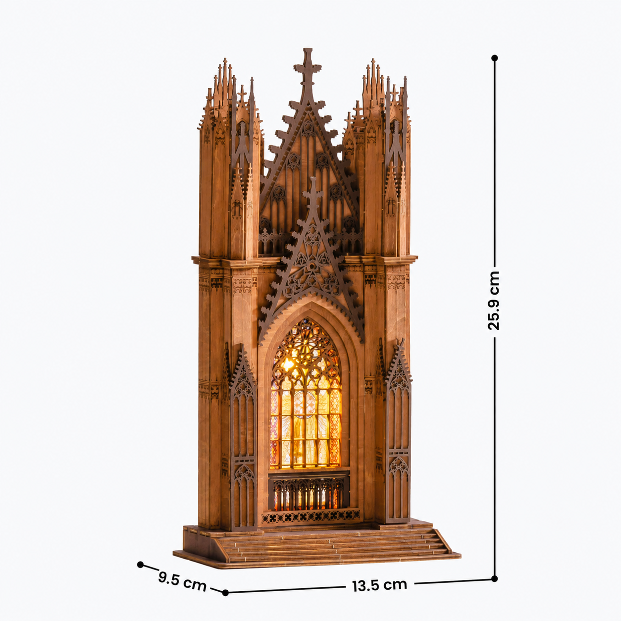 Rolife Twin-Tower Cathedral TGA01 size guide with 25.9 x 13.5 x 9.5 cm assembled dimensions