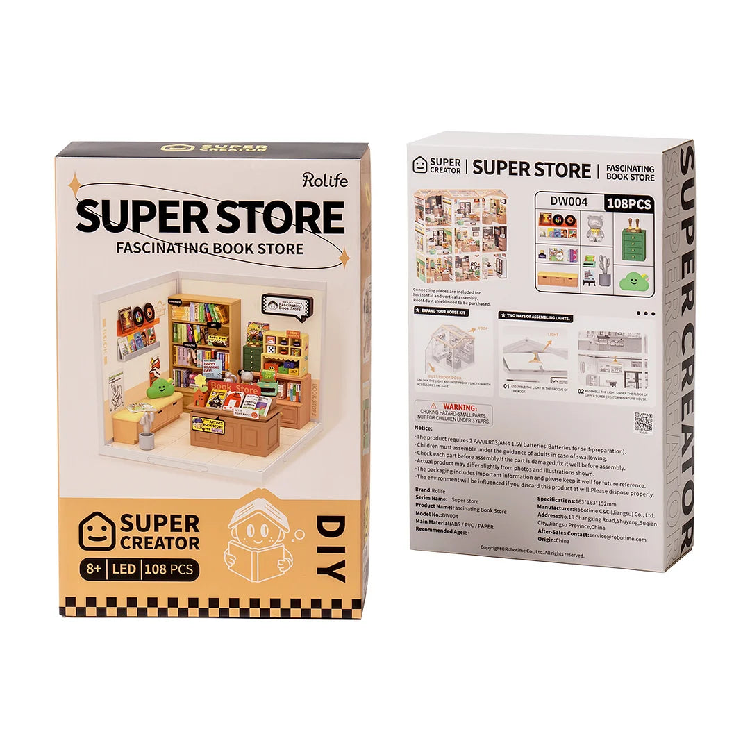 Rolife Super Creator Fascinating Book Store Plastic DIY Miniature House Kit DW004 Toy Gift for Children Adult